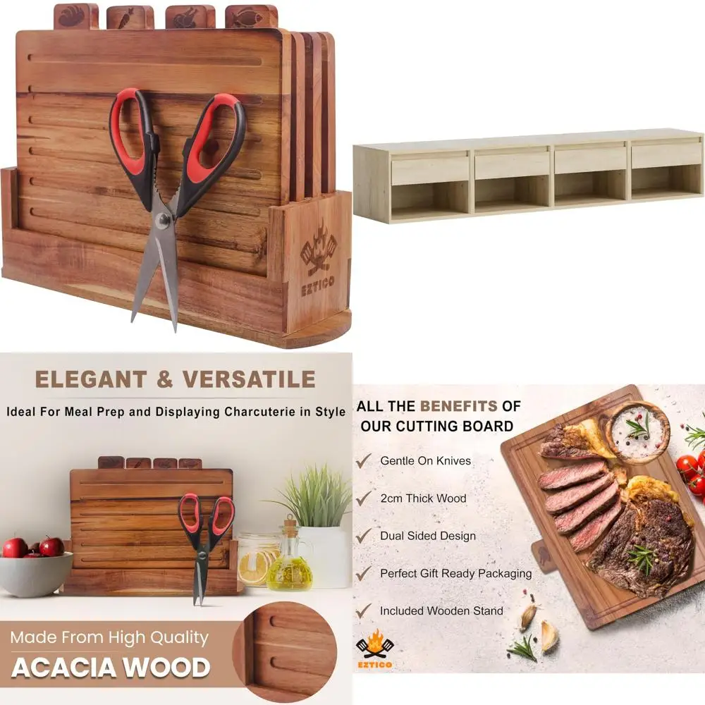 

Wooden Cutting Board Set with Scissors and Holder - Premium Acacia Wood Kitchen Accessories