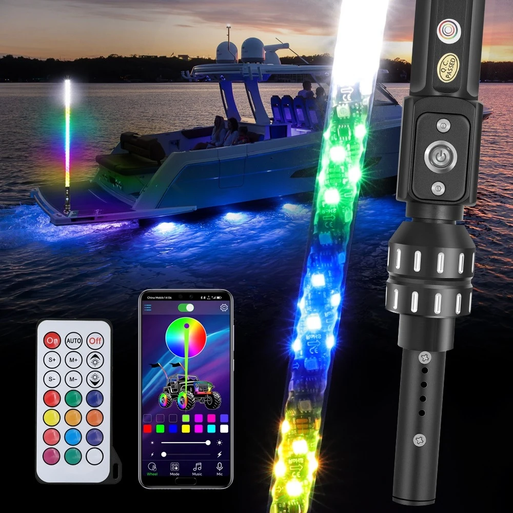 

Nav LIGHT SHOW 360o Coast Guard, одобренный 2NM, 3 фута, светодиодный кнут, кормовой светильник для лодки, RGB, спиральная антенна, пульт дистанционного управления, беспроводной Bluetooth