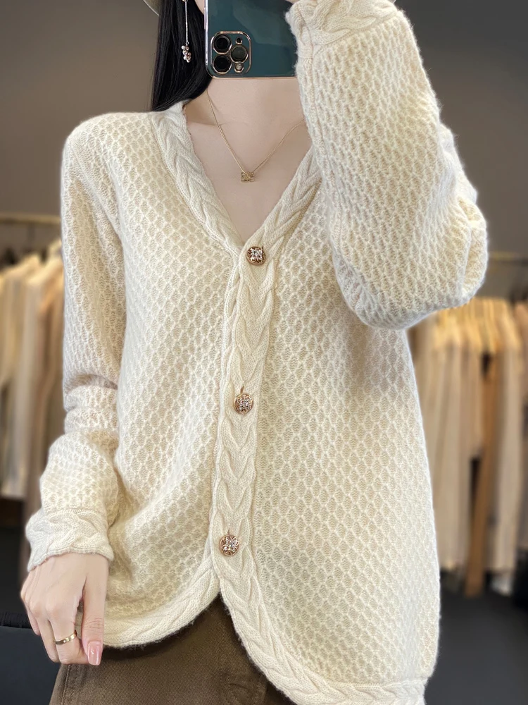 

Light Luxury 100% Merino Wool Women Sweater Argyle Autumn Winter Knitted Cardigan Long Sleeve Office Lady Cashmere Clothing Tops