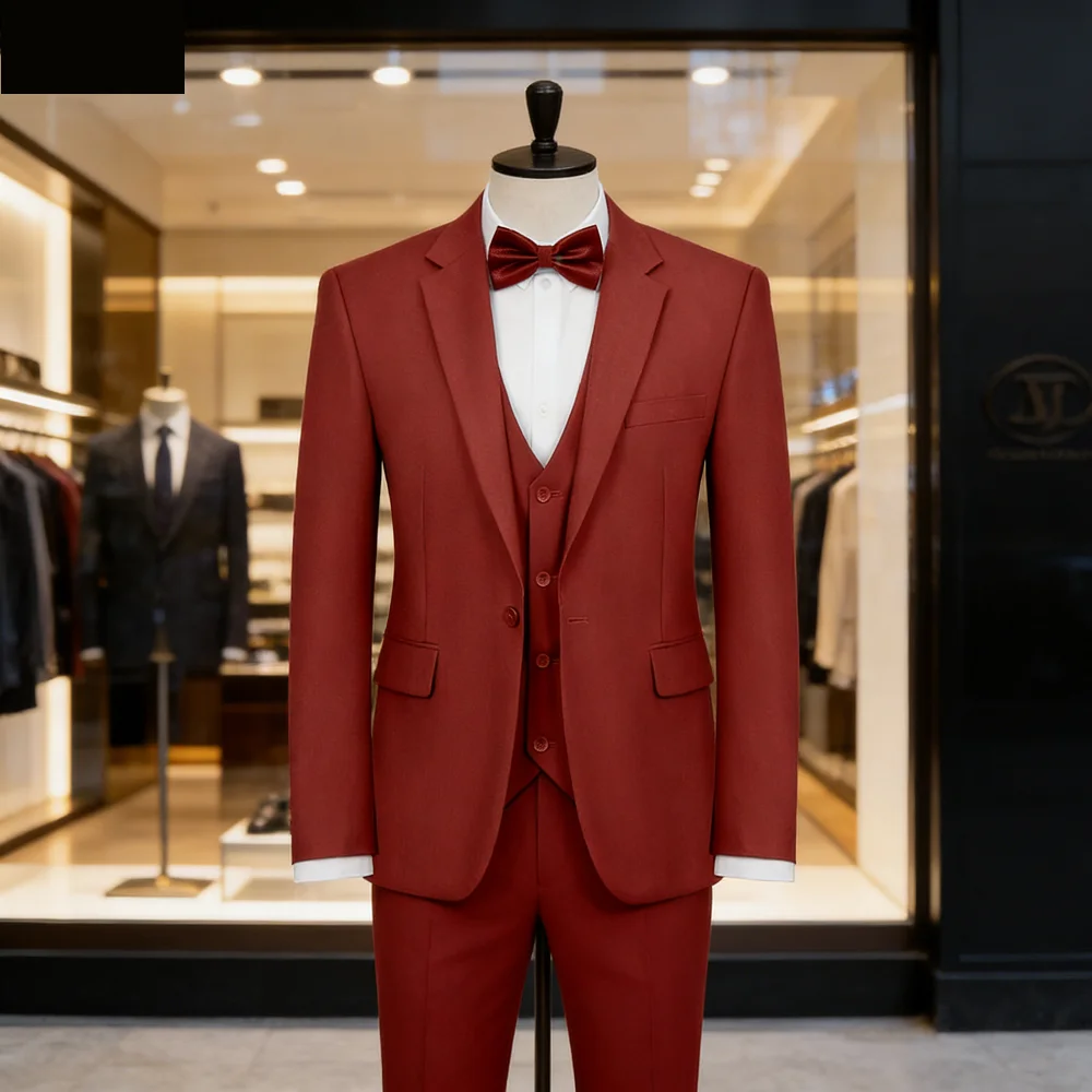 

Мужской комплект: приталенный двубортный пиджак, жилет и брюки. Смокинг для жениха, деловой костюм для вечеринок и свадеб.