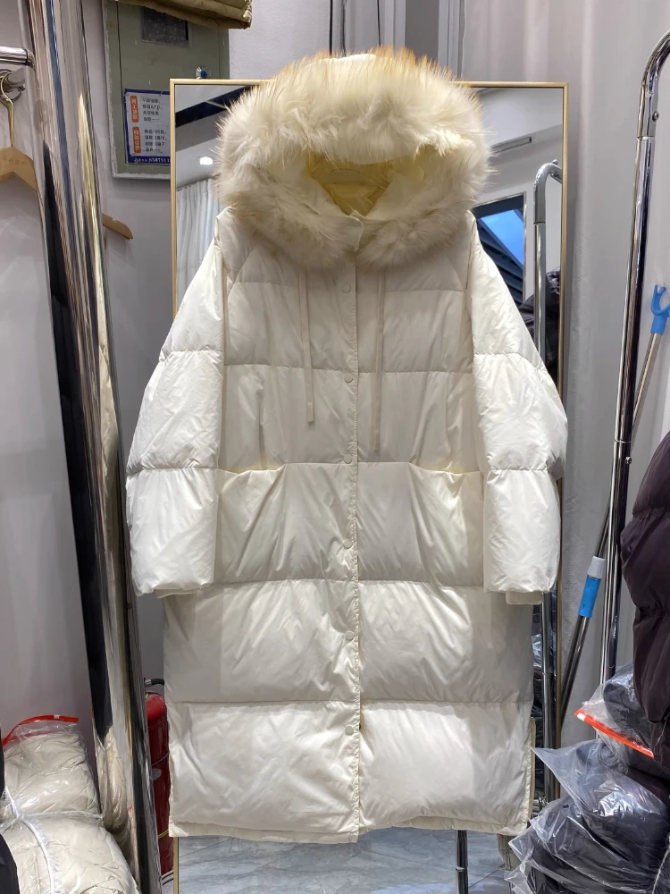 Super grande casaco de pele de guaxinim real 90% pato branco para baixo jaqueta com capuz neve parkas inverno feminino grosso longo puffer casaco 2025 novo