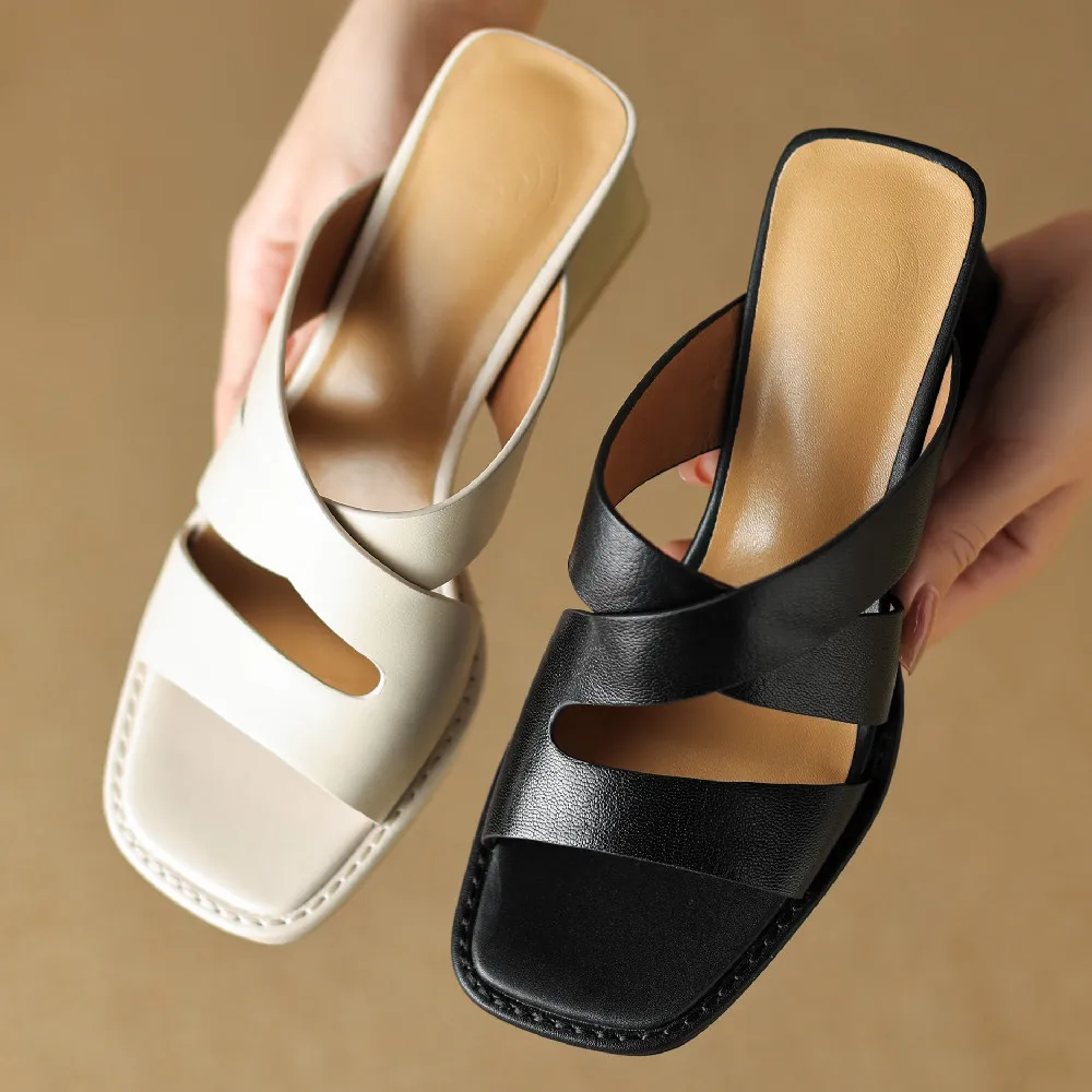 danxuefei plus size 34-42 women\'s genuine leather narrow band cross strap 6cm thick high heel open toe summer slides sandals hot