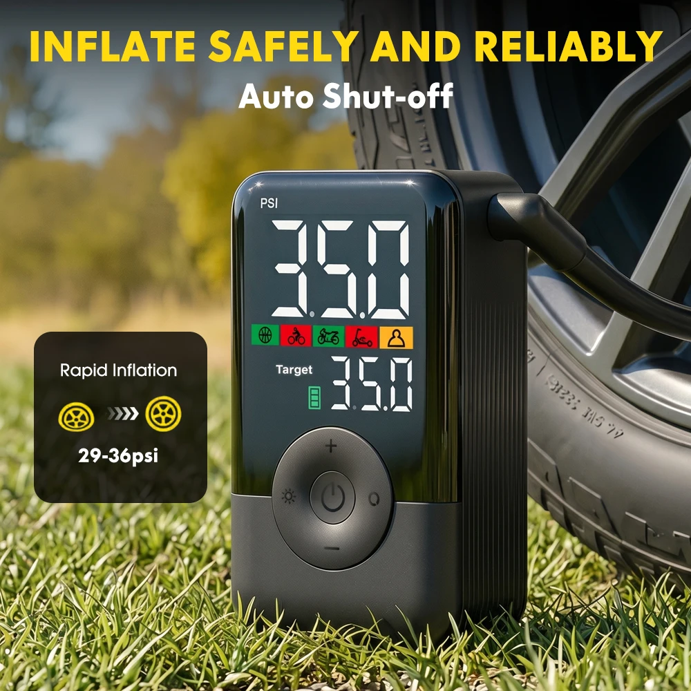 `CARSUN Mini Portable Tire Inflator 150PSI Air Compressor Digital Auto Shut-off Pressure Gauge LED CE for Motorcycle Bike Balls`