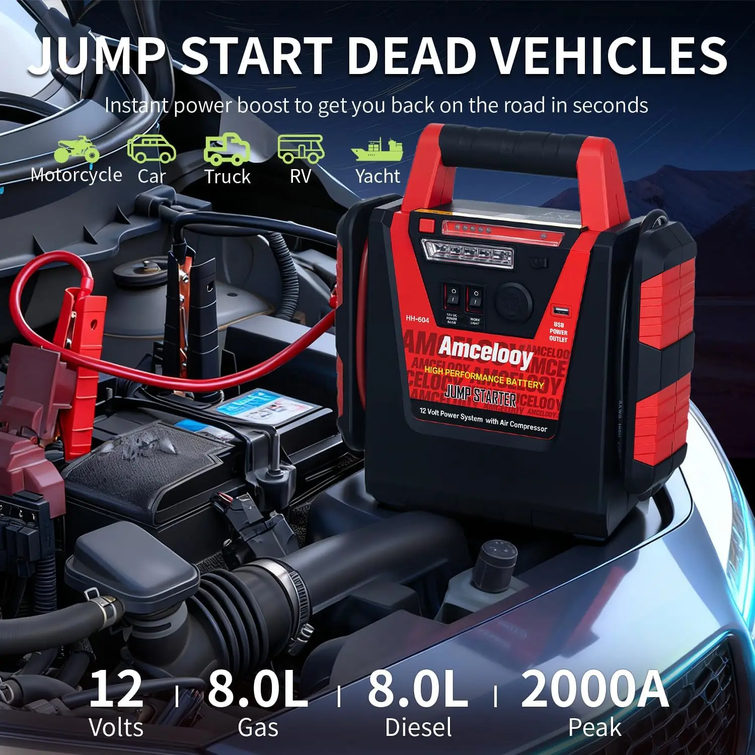 2000Peak Amp Car Battery Jump Starter with Air Compressor,Lighting,DC Ports | 6 in 1 Jump Box for Cars,Trucks & SUVs Up to 8.0L
