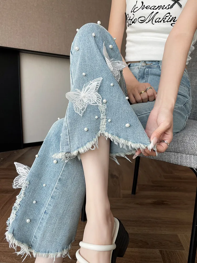 

Tassel studded three-dimensional butterfly denim pants women's lace splicing high waisted micro flared nine cropped pants