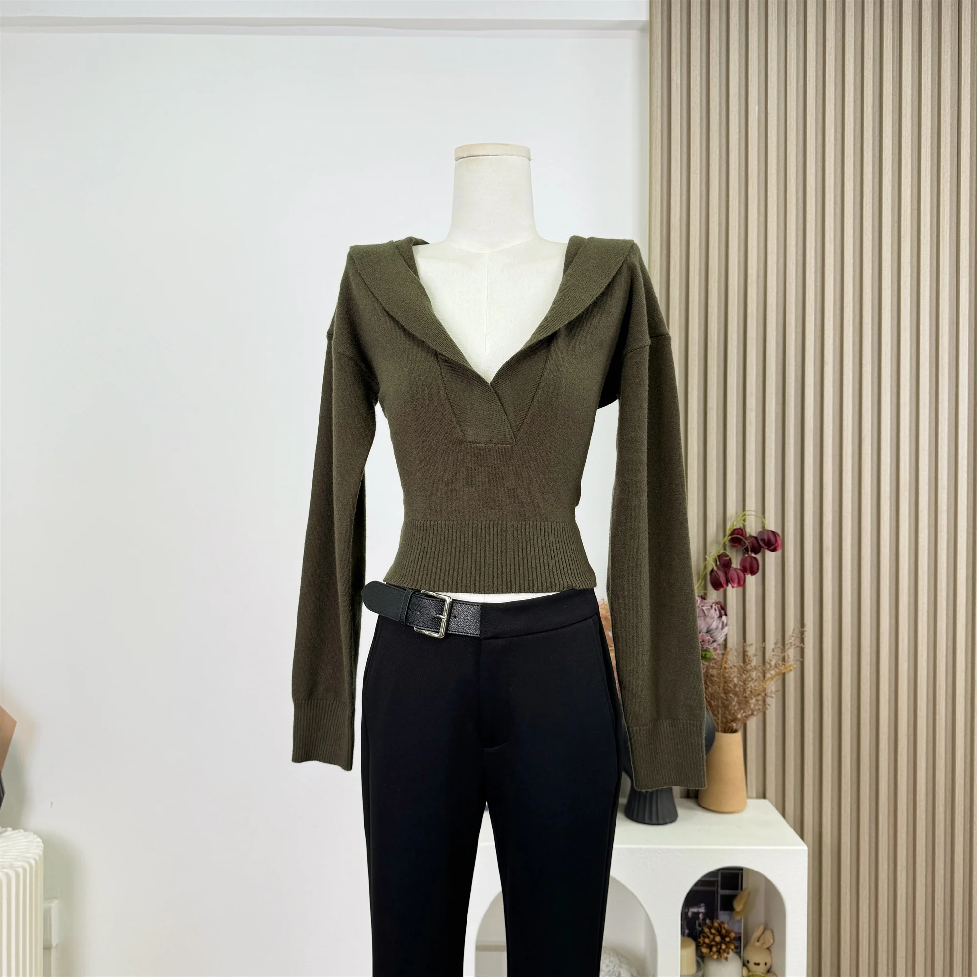 Simple Pure Color Slim Fit Hooded Knitwear Women's Casual Base Sweater Autumn Winter Commute Style Knitted Top F355