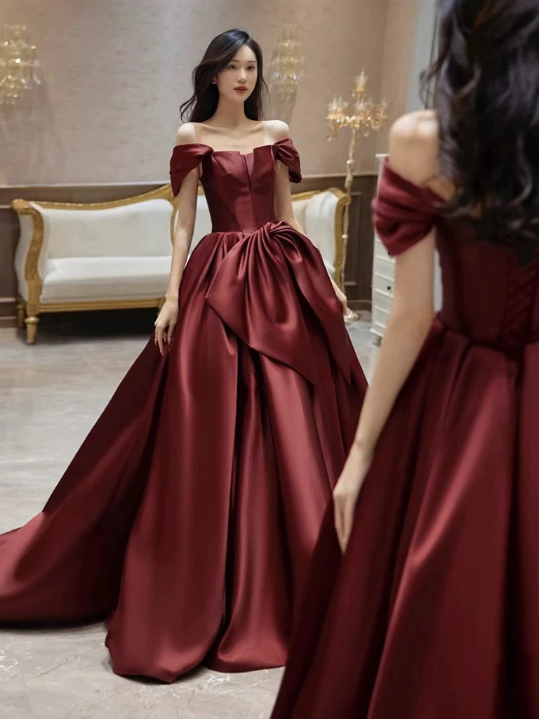 Gorgeous Wine Red Dresses Bow Stain Off the Shoulder Soft Premium Satin Princess Pleated Wedding Vintage Party Prom Host Gowns