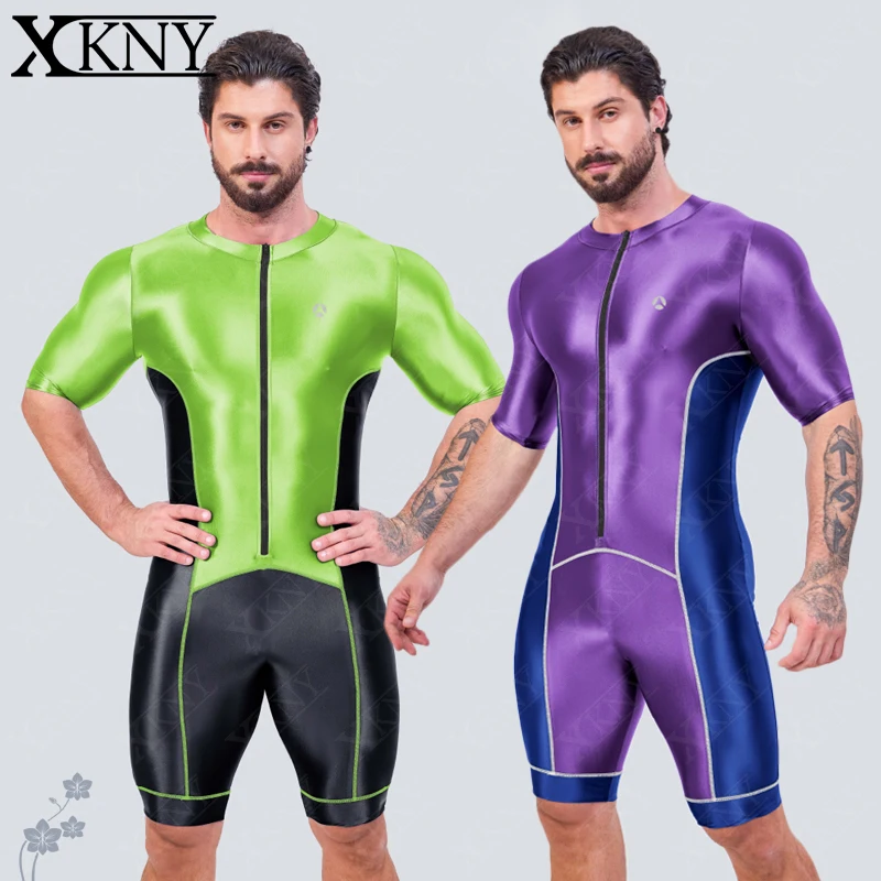 

Japanese Swimsuit Man Sexy Satin Shiny Glossy Body Suit Cycling Smooth Tight Running Sports Fitness jumpsuits Swimming Pants