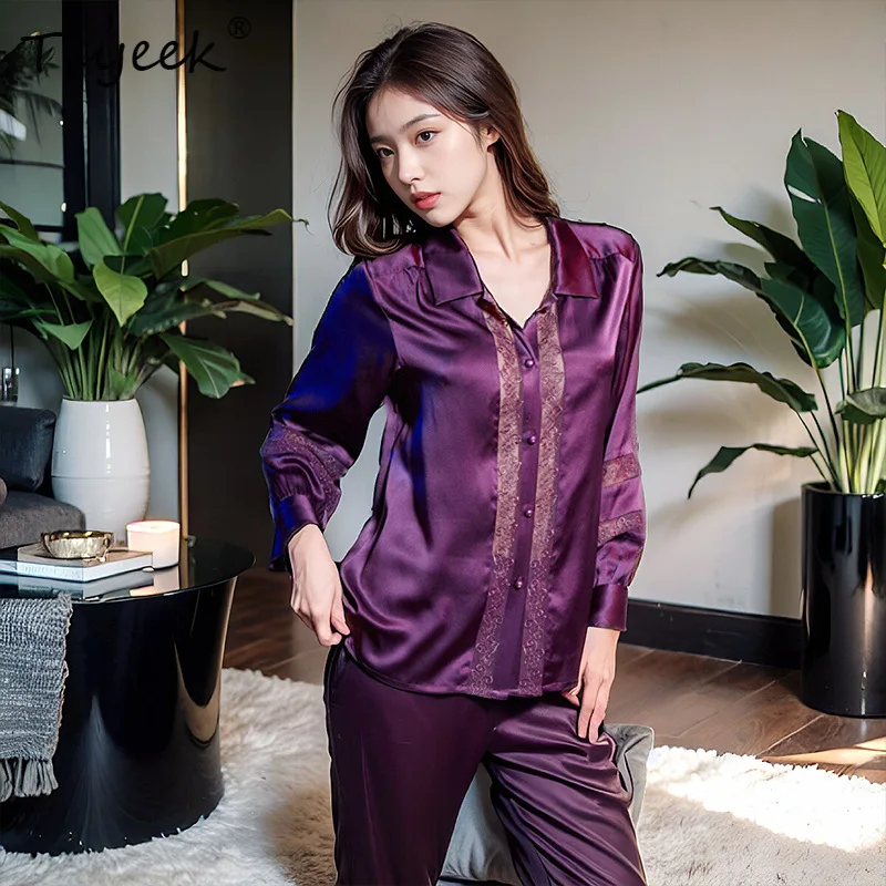 

Tcyeek, 100% Silk Casual Sleepwear Set, Women's Long Sleeved Top, Solid Color Home Suit Set, 2024 Summer and Autumn S48024KS
