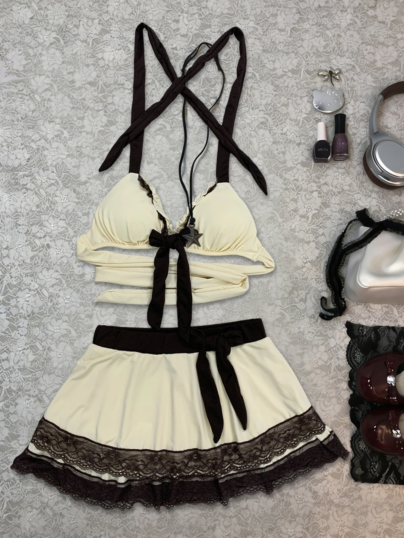 Cross border summer sexy hanging neck lace up lace patchwork bow fashion bikini two-piece set beach volleyball women's wear