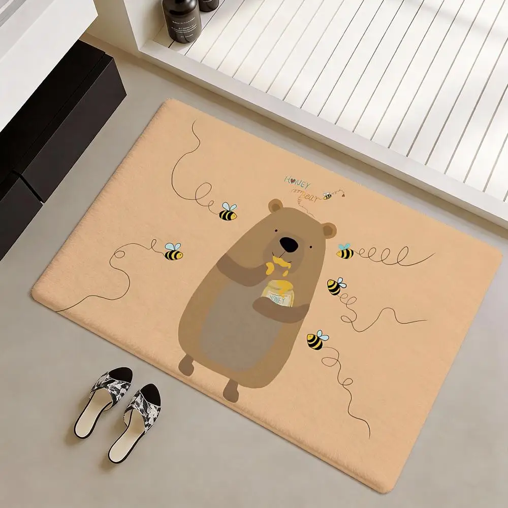 Chubby Honey-Pot-Hugging Bear Floor Mat Soft Flannel Non-Slip Door Mat - Thickened Rug for Living Room Home Decor