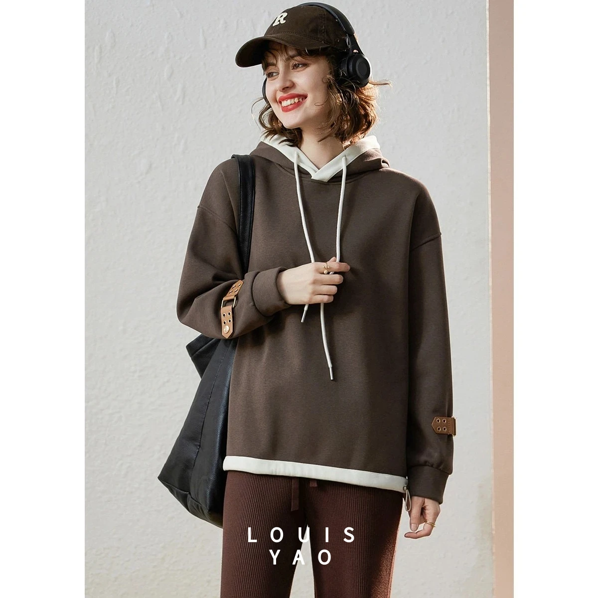 LOUISYAO Casual Thickened Fleece Women's Hoodies 2025 Winter Top Fashion Contrast Colors Cuffs Loose Long-Sleeve Sweatshirt