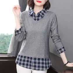 Plaid Splice Fake Two Piece POLO Shirt Women's Spring and Autumn 2023 New Korean Version Loose Long Sleeve Leisure Female Tops