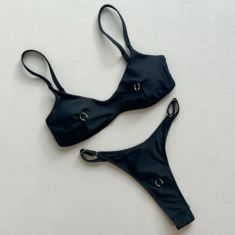 

Sexy Thong Bikini 2026 Women Solid Color Metal Rivet Bikinis Set Hip Hop Cool Split Bathing Suit Swimsuit Push Up Swimwear