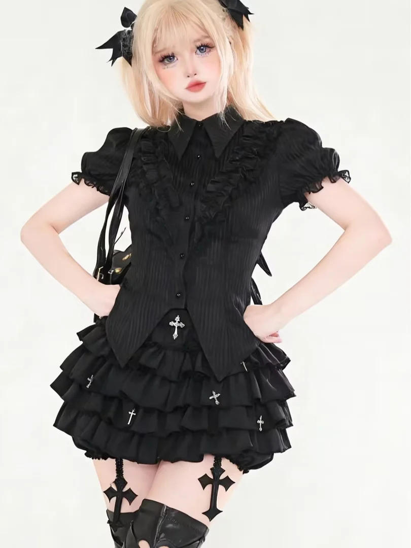 

Gothic Style Bubble Sleeve Shirt Women's Waist-Cinching Cake Skirt Set Dark Subculture Teen Girl Fashion Polyester Fiber Shor...