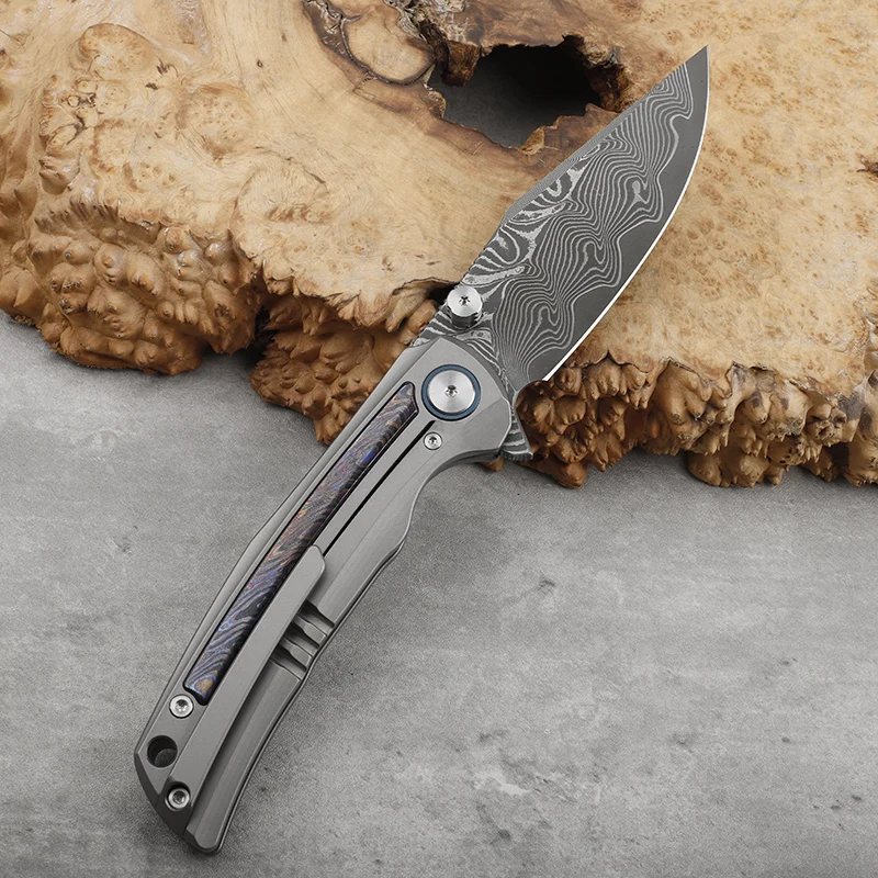 RW34 + VG10 دمشق شفرة فولاذية سبائك التيتانيوم مطعمة زركونيا الحصان مقبض سكين للفرد التخييم في الهواء الطلق أدوات إنقاذ سكين