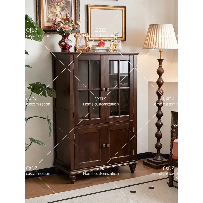 American Retro Solid Wood Corner Cabinet Double Door Wine Storage Locker Living Room Side Display Shelf High Cupboard