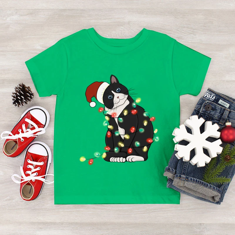 Merry Christmas Kids Tees Funny Cartoon Cow Cat Print T Shirts Fashion Short Sleeve Girl Boy Popular Design Crewneck Xmas Tshirt