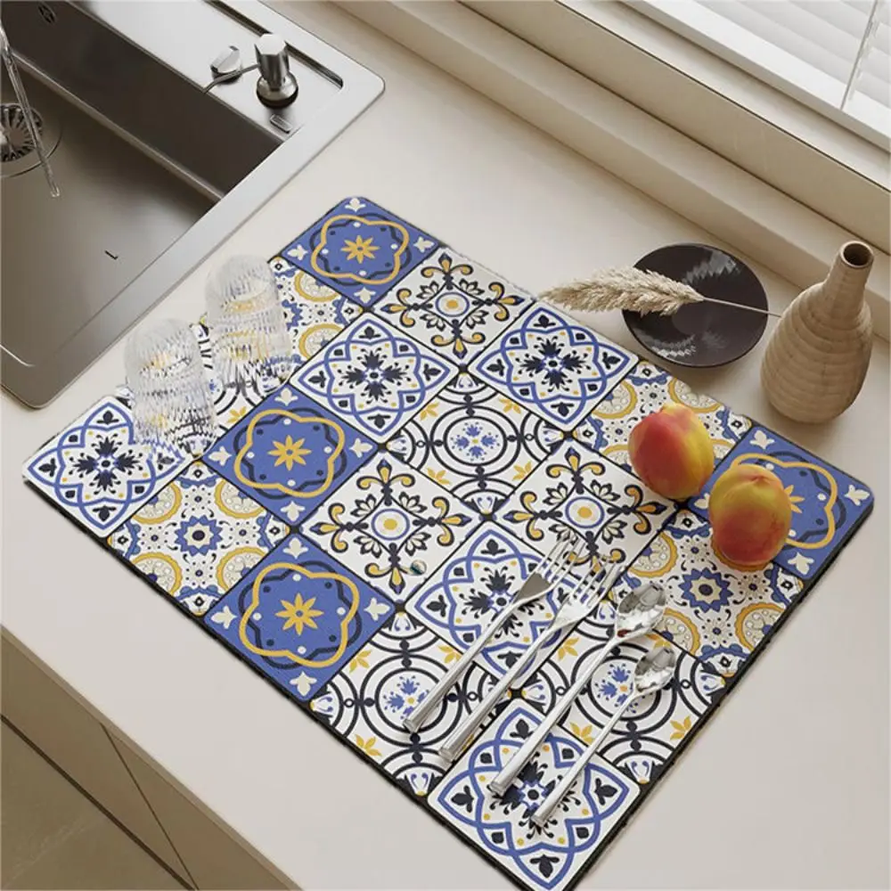 Baroque Moroccan Style Pattern Dish Drying Mat Tableware Placemat Anti-slip Absorbent Cup Bottle Drain Mat Tableware Mat