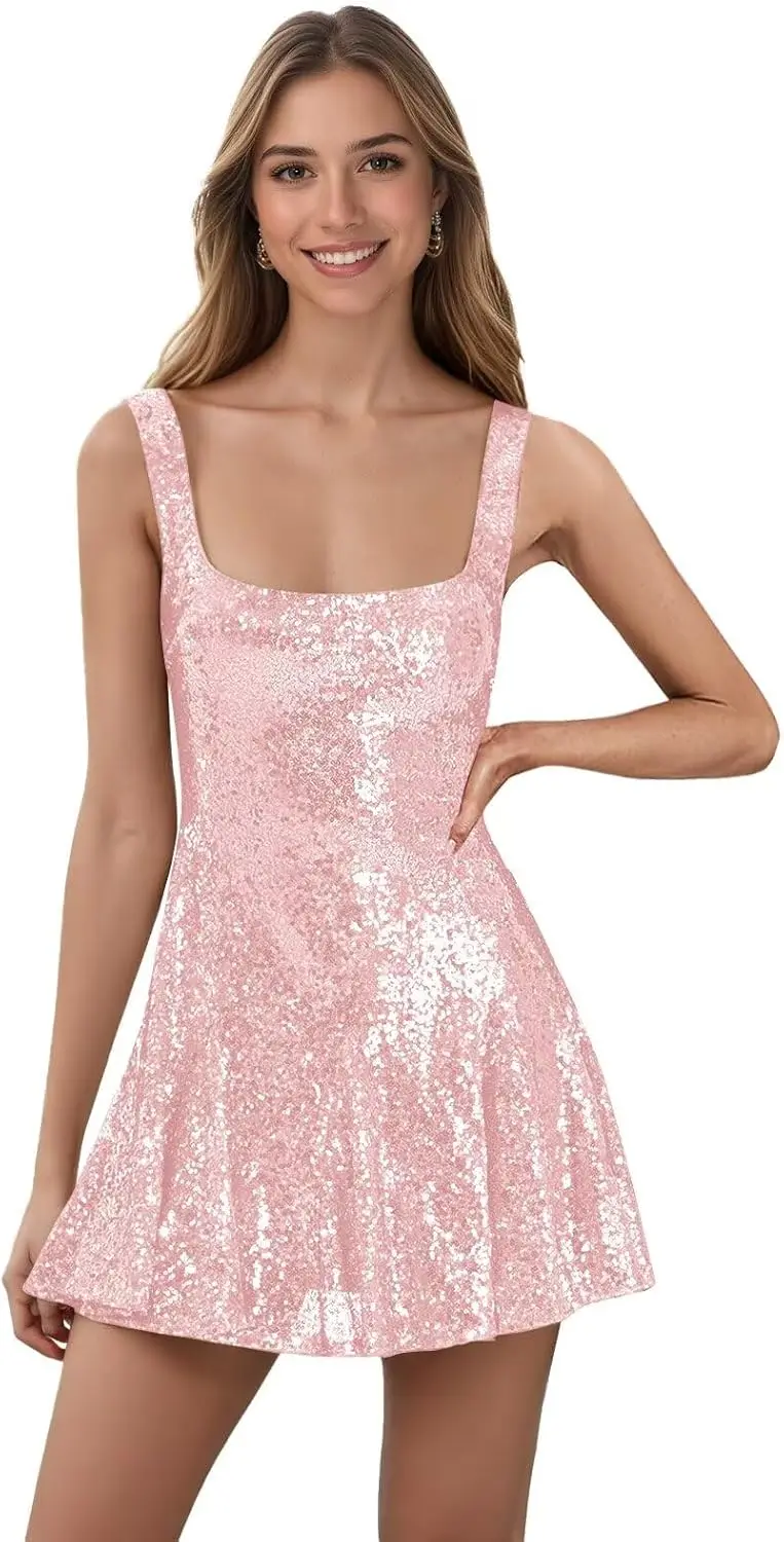 

Sparkly Sequin Homecoming Dresses Short for Teens Square Neck Mini Prom Cocktail Gowns Graduation Dress Party Dresses
