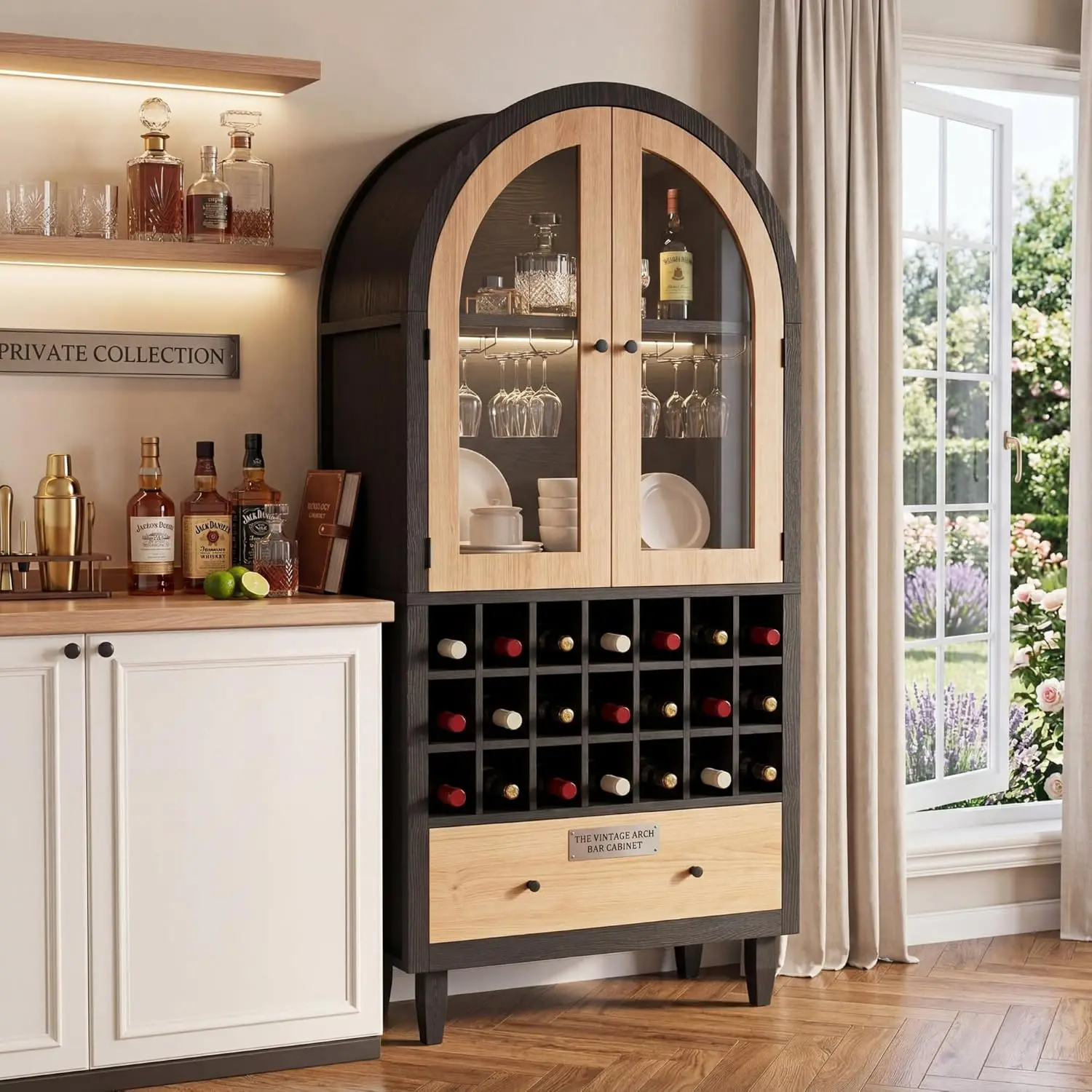 

Arched Wine Bar Cabinet with 2 Glass Doors, Liquor Cabinet Wine Cabinet with Stemware Holders and Modular Wine Rack, Customized