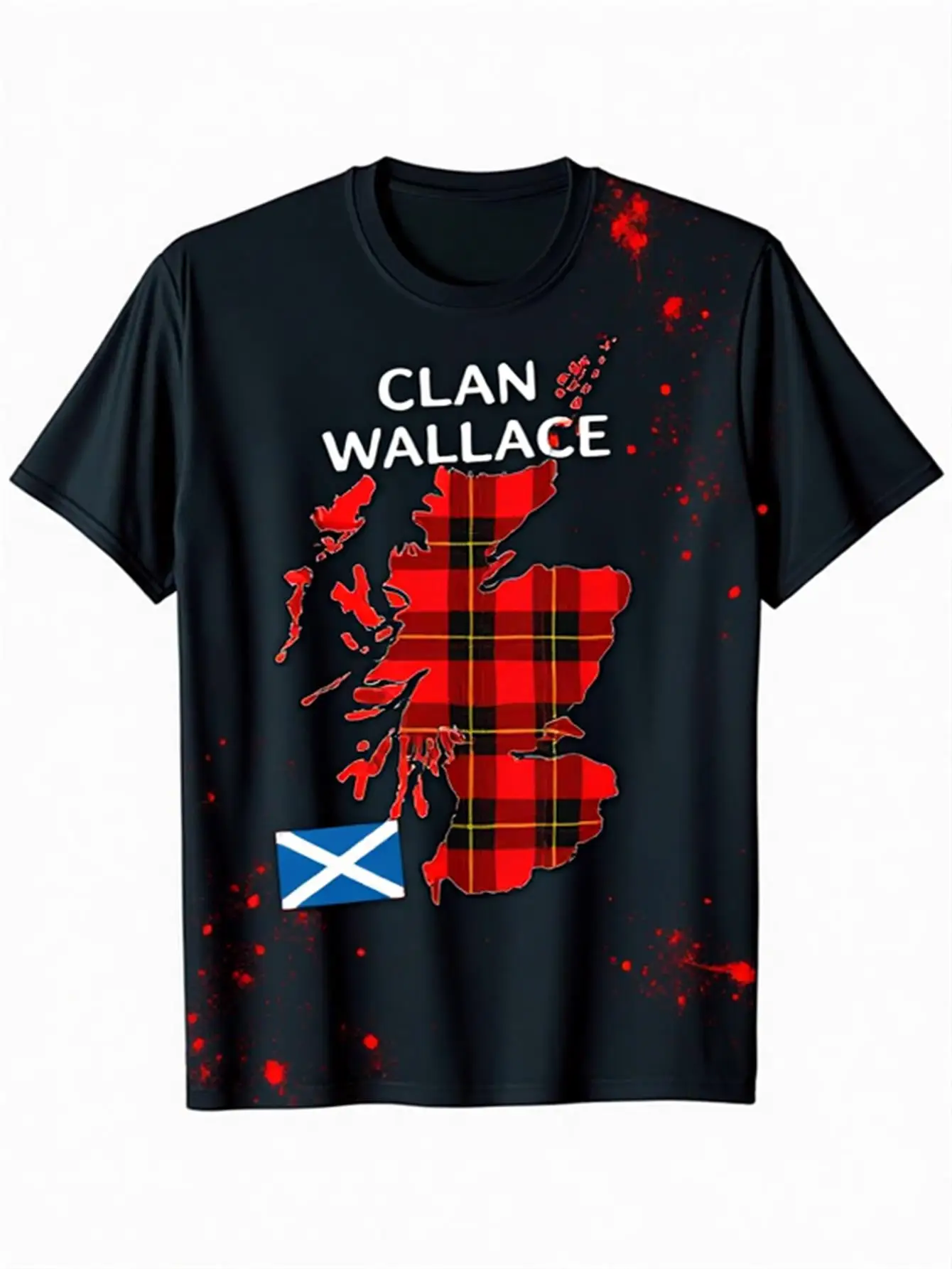 

Men's Scottish Traditional Wallace Family Plaid T-Shirt, 100% Cotton, Comfortable Fit, Featuring a Scottish Map and Wallace Family Design, Red and Black Plaid with Celtic Scottish Flag Emblem, St. Andrew's Day, Burns' Day