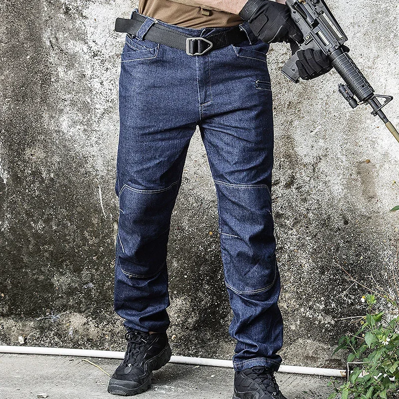 Outdoor Tactical Pants Loose Straight Tube Multi Pocket Secret Service Trouser Stretch Slim Fitting Uniform Soldier Hiking Jeans