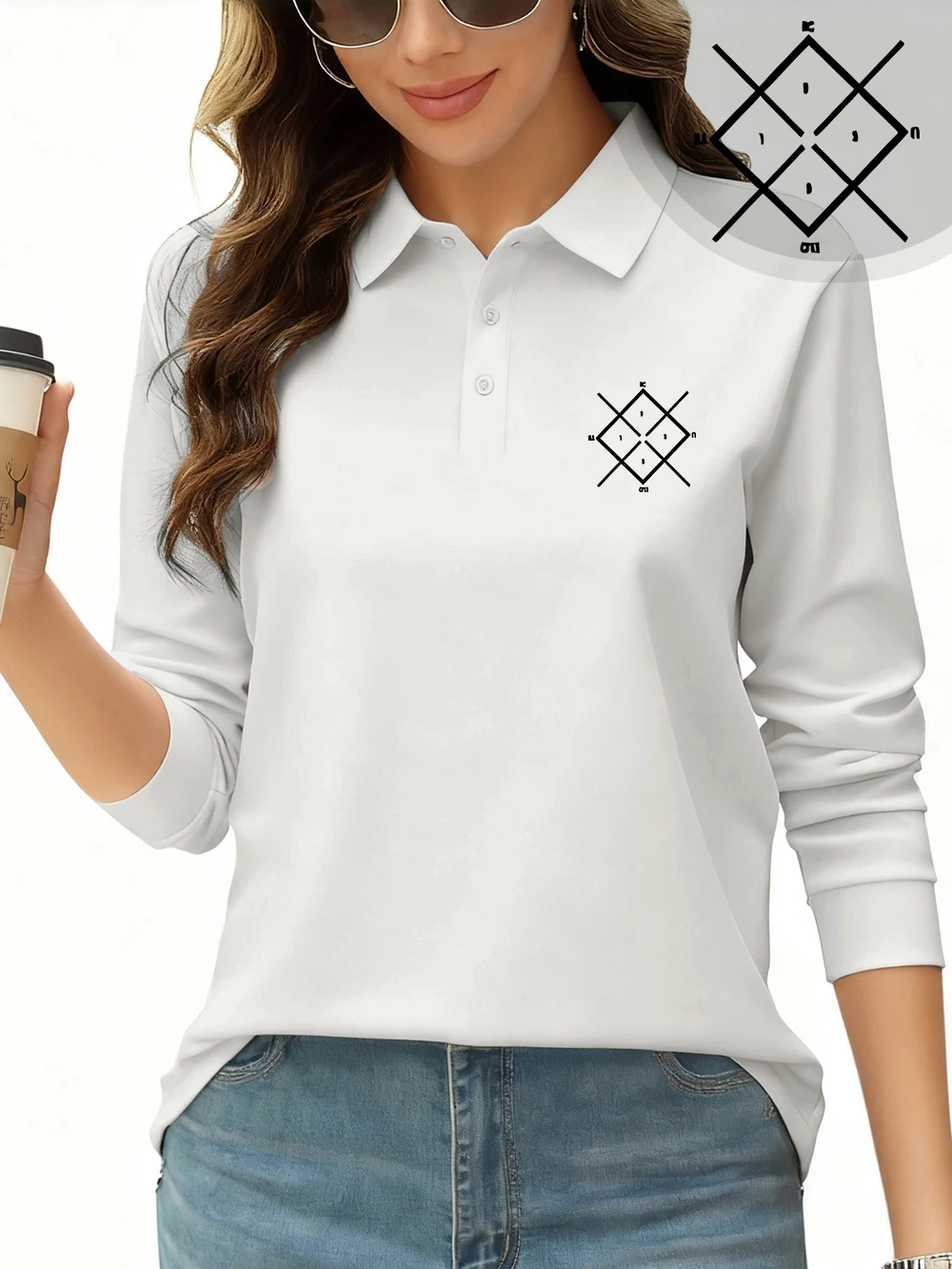 マジカルブロックプリントポロシャツレディーススポーティ長袖 Tシャツ秋通気性ラペルトップスカジュアルレディース新しい作業服