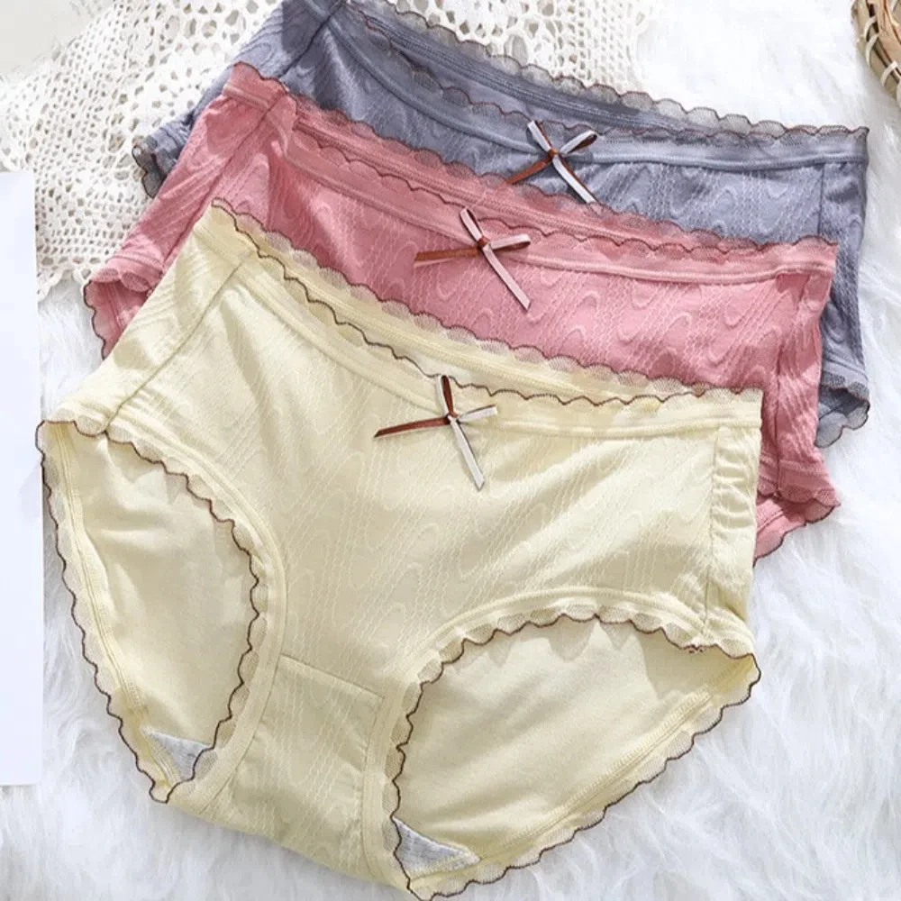

Korean Style Bowknot Lace Printed Briefs Cotton Crotch Mid Waist Bow Panties Lace Breathable Women Underwear Lady
