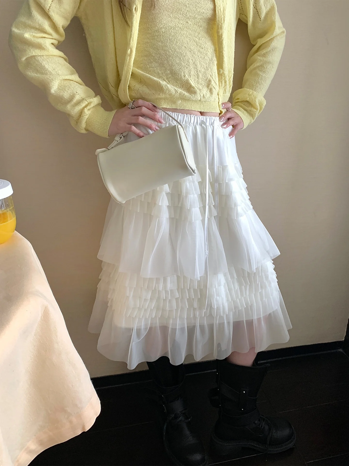 

Белая двухслойная юбка А-силуэта с завязками на талии для женщин, новая модель весна-лето, юбка-сетка средней длины