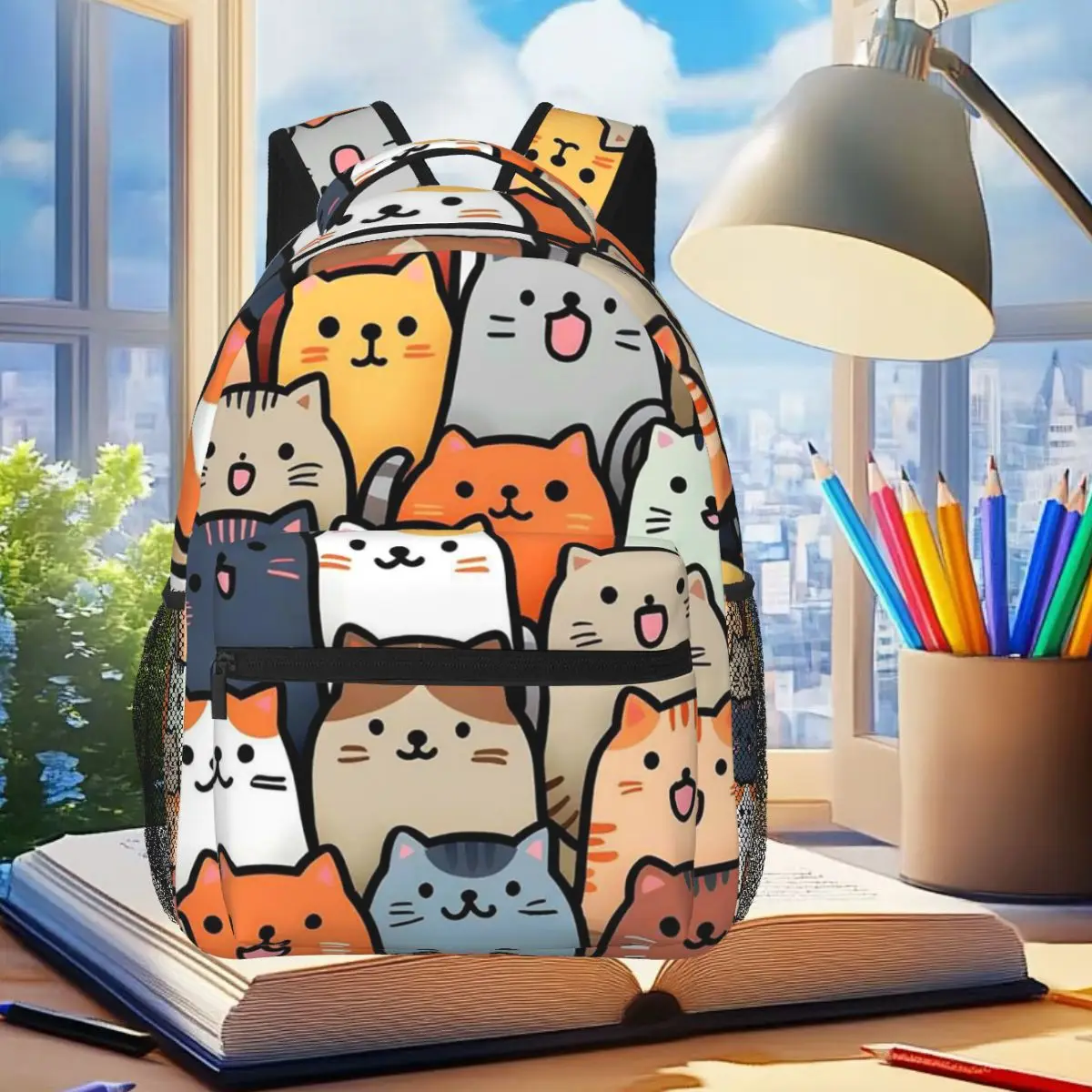 

Cartoon Gray Kitten Pattern Backpack Student Boys Girls BookBag Kids School Bag Laptop Shoulder Bags for Men Women