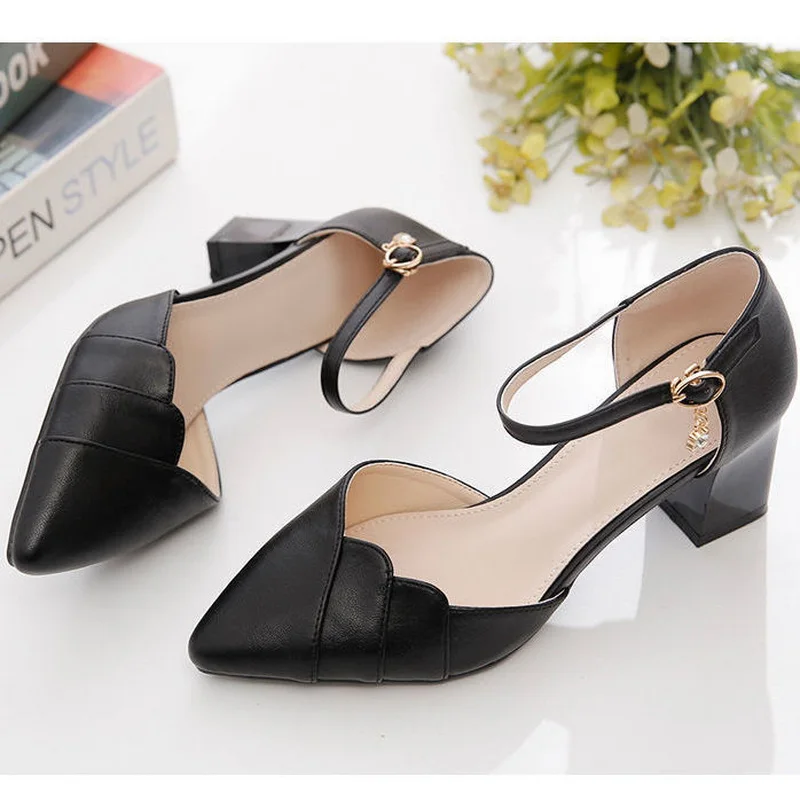 FHC Women High Heels,Soft PU Leather Office Work Shoes,Spring Pumps,Ankle Buckle,Shallow Out,Pointed Toe,Black,Beige,Dropship