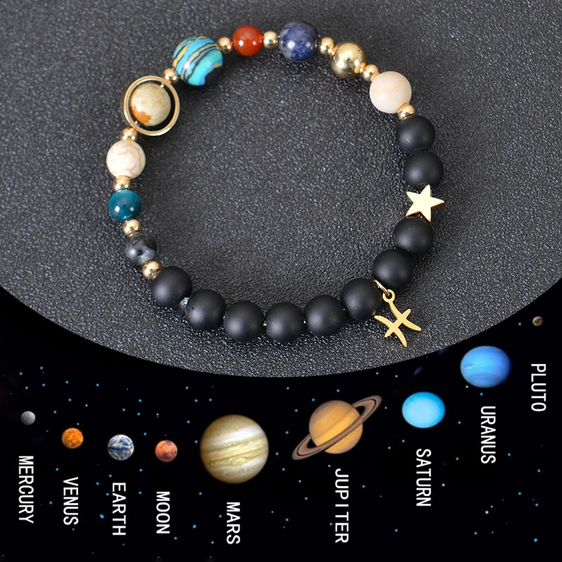Universe Galaxy Eight Planets 12 Constellation Bracelets for Women Natural Stone Solar System Bracelets Libra Virgo Leo Jewelry