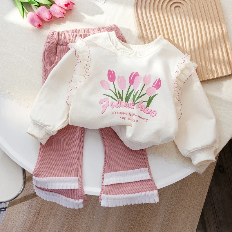 

Girls' Suit Spring and Autumn Girls' Korean Lace Lace Printed Long Sleeve Hoodie + Trousers Set Girls Clothes Girl Outfit Set