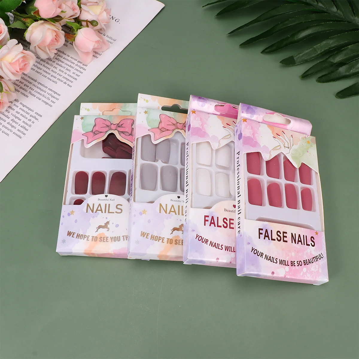 เล็บปลอม 96 ชิ้น กดติดเล็บอะคริลิคแบบเต็มเล็บ สำหรับตกแต่งเล็บแบบมืออาชีพและใช้ในบ้าน หลากสีสัน