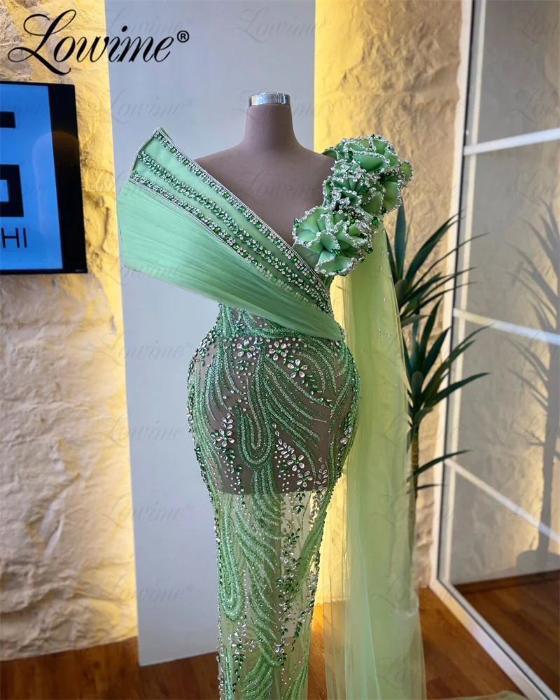 Green Crystals Evening Dress 2024 Haute Couture Mermaid Gorgerous Prom Dresses For Wedding Annversary Aso Ebi Engagement Gowns