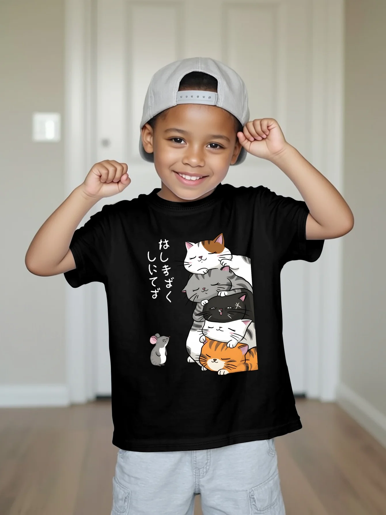 Cute Stacked Cats And Little Mouse Japanese Cartoon Animal Graphic Print T Shirt Family Boys Girls Kids Casual Short Sleeve Tops