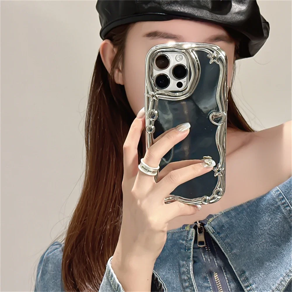 الفاخرة ثلاثية الأبعاد الحب القلب ستار حلقة حامل حامل جراب هاتف آيفون 11 16 15 برو ماكس 14 برو 13 12 الفضة حافة لينة غطاء سيليكون #4