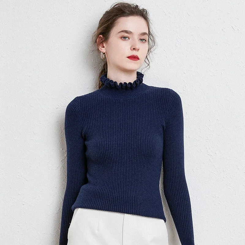 

Elegant Half Turtleneck Knitted Sweater for Woman Autumn Winter Fungus Edge Chic Design Pullovers Simple Waist Cinched Base Tops