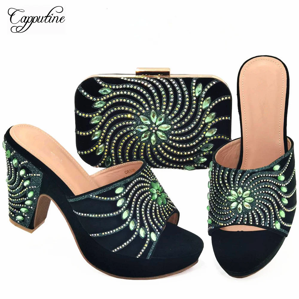 Green Plartform Women Shoes And Bag Set African Ladies Slippers Match With Handbag Clutch Purse High Heels Pantoufle Femme CR500