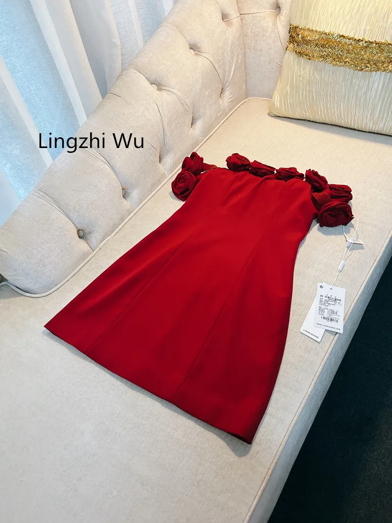 Lingzhi Wu Wine Red Dress, Handmade Rose, Slash Neck, Sexy Slim Waist, Bud, Ladies Formal Dresses, Female, Off The Shoulder