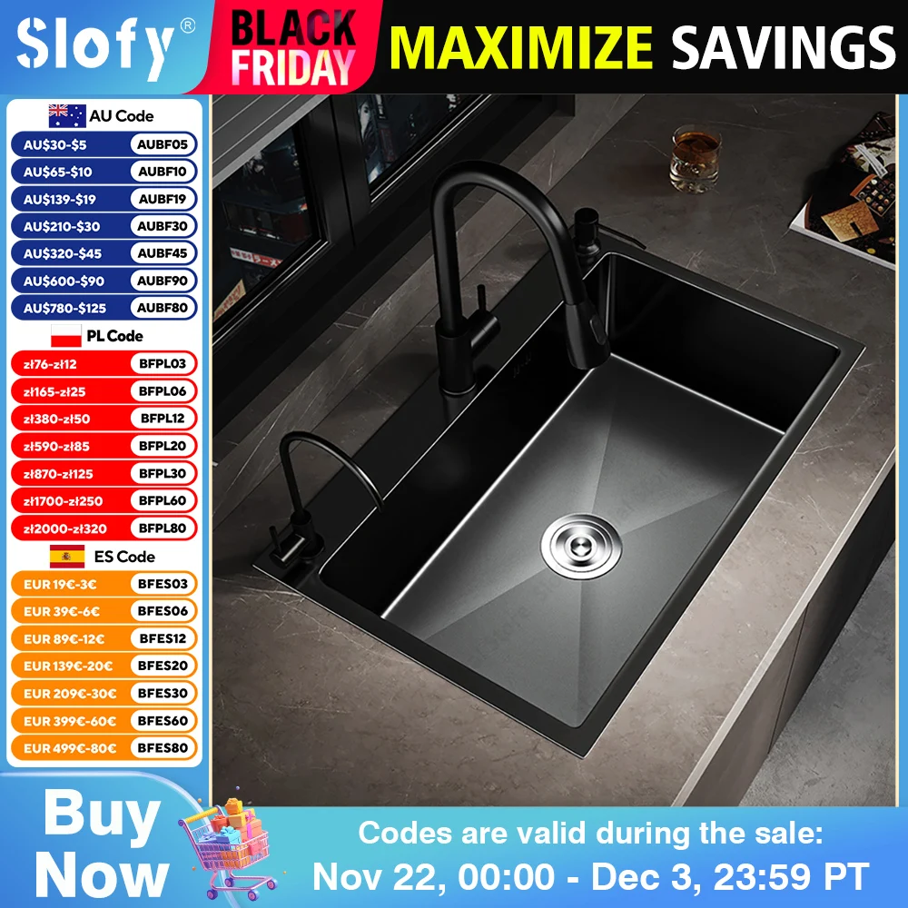 Black Kitchen Sink Large Capacity Single Bowl Stainless Steel Thickened Handmade Multifunctional Basin With Multiple Accessories