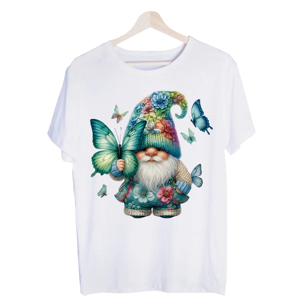 Women's Gnome and Butterfly Graphic Tee, Casual Short Sleeve T-Shirt for Spring Summer Outfits