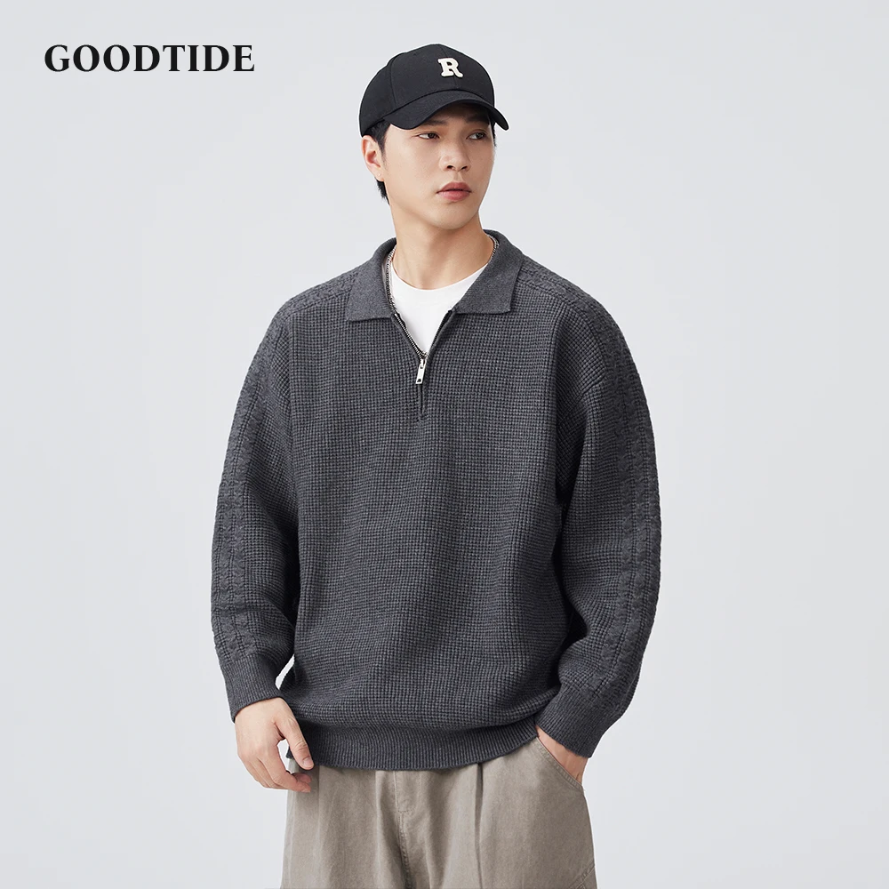 Fashion Men's Casual Polo Collar Half - Zip Sweater 2025 Autumn Winter New Waffle Knit Pullover Soft Long Sleeve Jumper Top