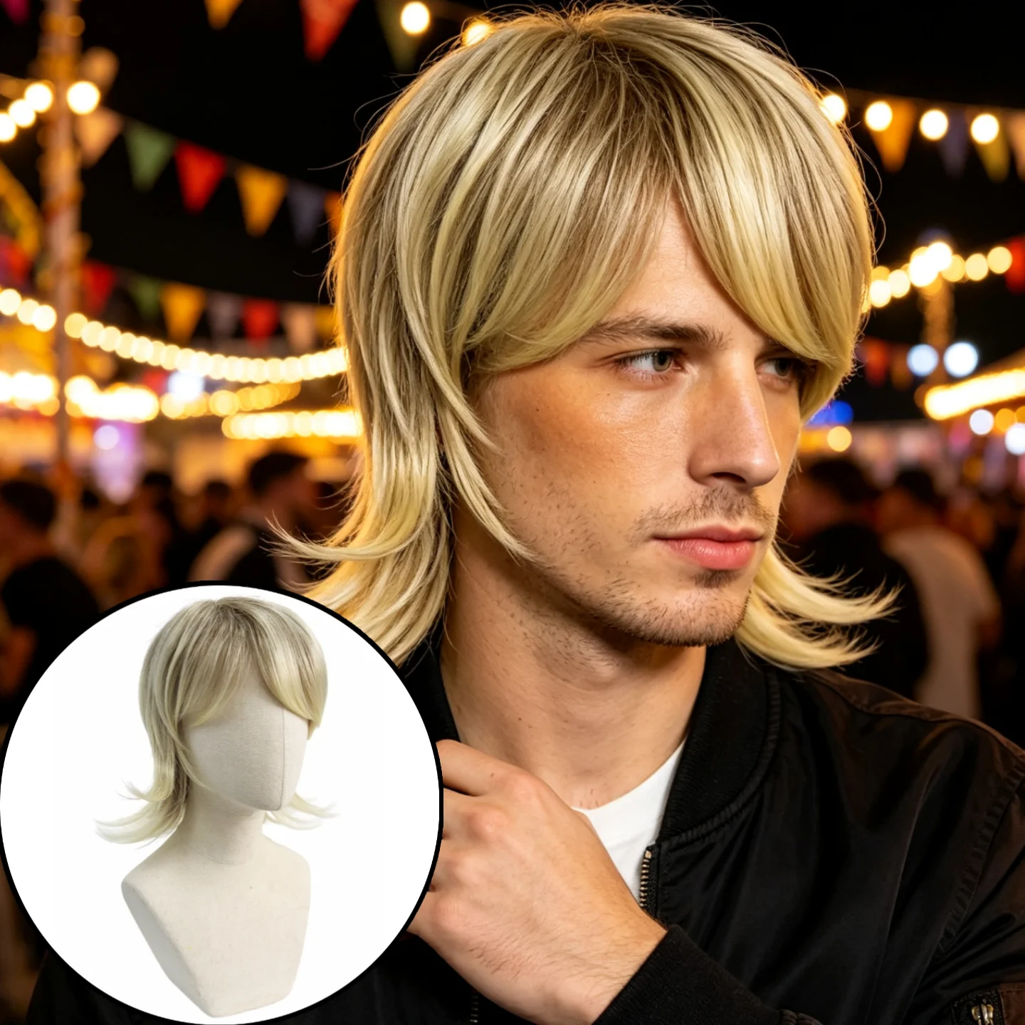 Anxin Brand Synthetic Fiber Wigs: Men's Light Golden Wolf Tail Medium-Length Wig, Layered with Diagonal Bangs, Suitable for Music Festivals, Retro-Themed Parties, and Halloween Men's Cosplay