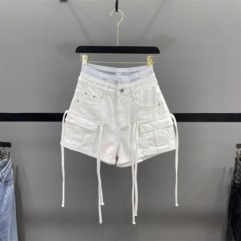 Red Cargo Shorts Patchwork Women High Waist Pockets Tassels Wide Leg Denim Shorts 2024 Summer New Fashion Streetwear Casual