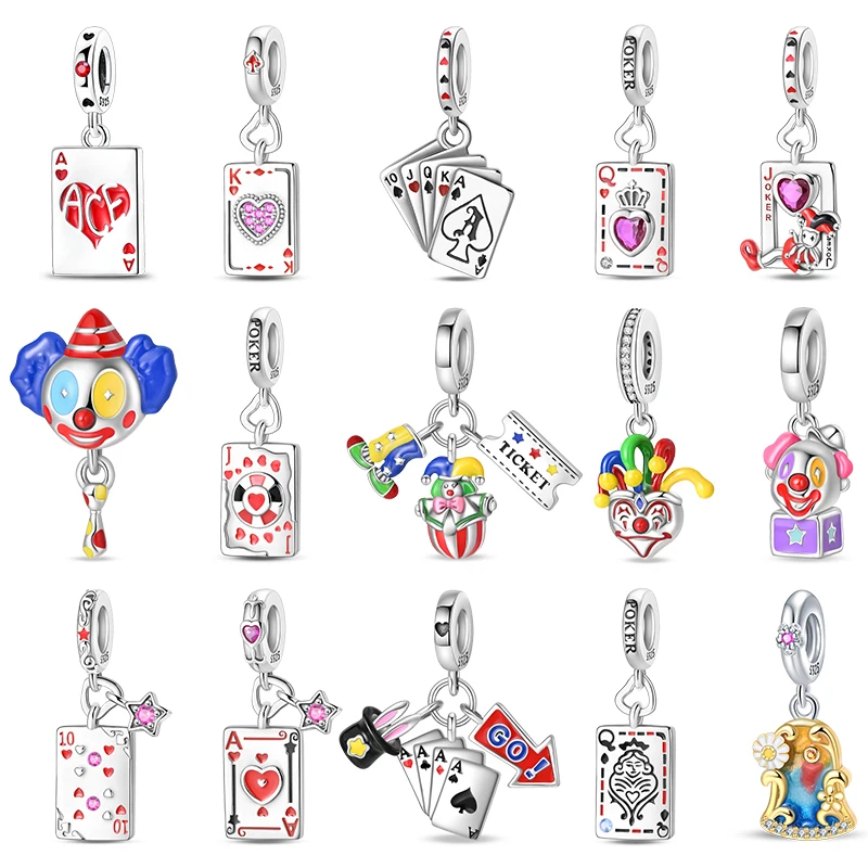 925 Sterling Silver Charms Bead CZ Zircon Poker Circus Clown Oil Painting Dangle Fit Original Bracelet DIY Women Jewelry Gift