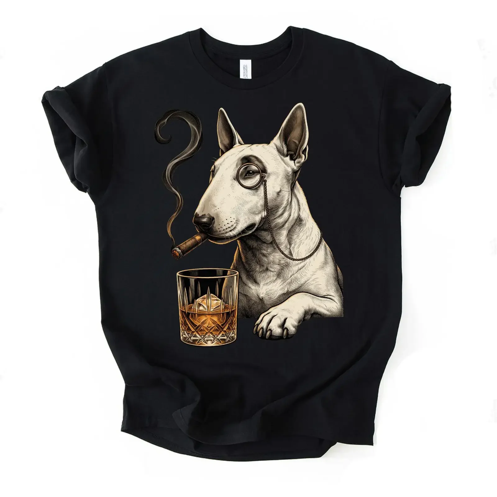 Dapper Gentleman Bull Terrier T Shirt Funny Dog with Whiskey Cigar Pet Lover for Aficionado vintage Washed fashion Unisex