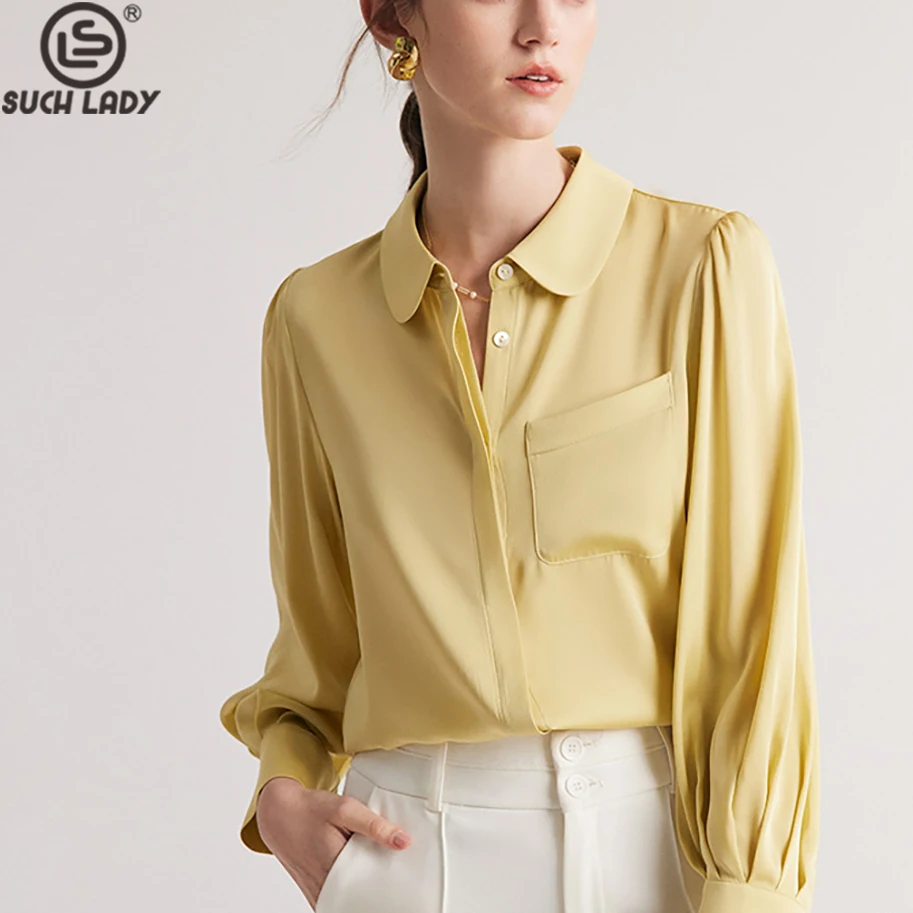 90% Natrual Silk 10% Spandex Women's Shirt Peter Pan Collar Long Sleeves Elegant Fashion Blouse Wear