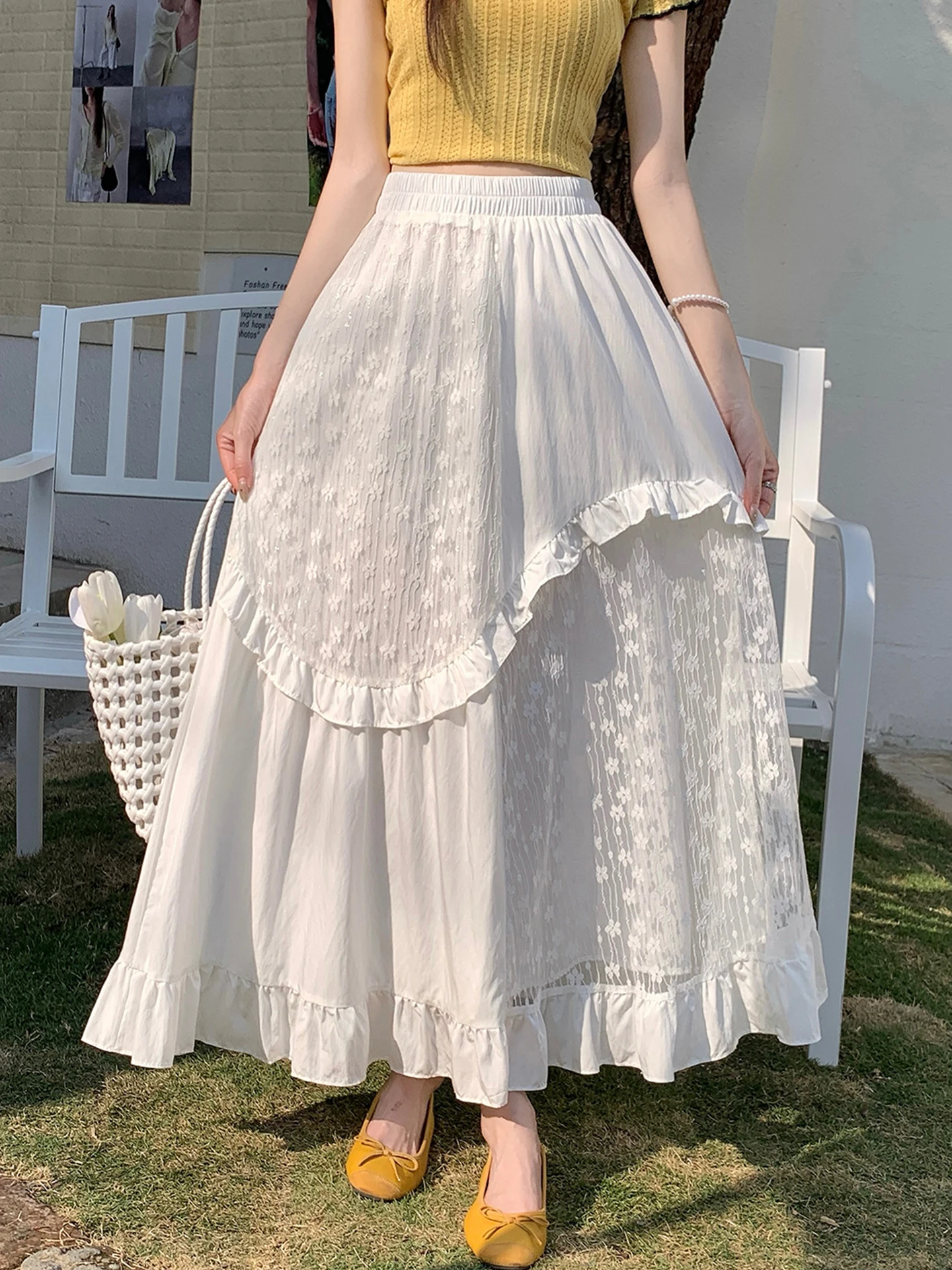 

Emily Clud Recommended Lace Patchwork A-Line Midi Skirt Women's Spring Summer High Waist Dra Long Skirt Casual Sle